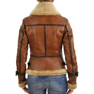 เสื้อแจ็คเก็ตนักบินหนังแกะสไตล์วินเทจสำหรับผู้หญิง สีน้ำตาล - Product Image 2