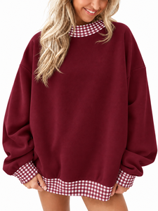 <b>Women</b>’s Gingham Trim Sweatshirt Round Neck Pullover <b>Top</b> Long Sleeve Casual Shirt Loose Fit <b>Women</b>’s Clothing Loose Fit Pullover - Product Image 5
