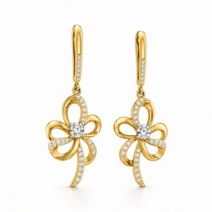 Pendientes de Lujo con Flores de Oro Amarillo y Diamantes Redondos con Corte Brillante en Pavé, Joyería de Boda para Mujer - Product Image 2