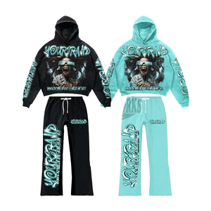 Ensemble de survêtement Y2K personnalisé pour homme, streetwear, sweat à capuche imprimé délavé à l'acide, pantalon de survêtement évasé à jambes larges, style vintage hip-hop - Product Image 4