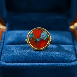 Fashion Jewelry 18k <b>Gold</b> Plated Brass Anti-Tarnish Orange Blue Copper <b>Turquoise</b> Adjustable Cocktail <b>Rings</b> Italian Style Women - Product Image 2
