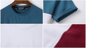 Aliroz Men's Color Blocked T-Shirt Short Sleeve O-Neck Casual Knitted Loose Fit 100% Cotton Worsted Front Anti-Pilling Letter - Product Image 3