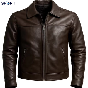 Custom <b>Men</b>’s Genuine <b>Leather</b> <b>Jacket</b> <b>Brown</b> Zip Up Shirt Collar Biker Motorcycle Casual Fashion <b>Jacket</b> OEM - Product Image 1