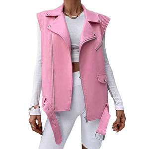 Gilet de motard rose en cuir véritable pour femme, coupe oversize, sans manches, style moto, tricoté, tendance automne, personnalisable - Product Image 1