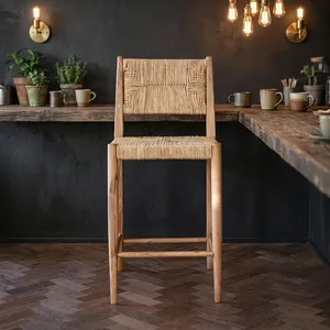 Chaise de comptoir en bois tressé à la main, dossier solide, design scandinave moderne pour bar à domicile, îlot de cuisine, salon, meubles - Product Image 3