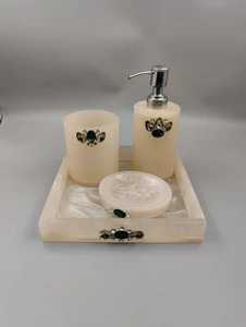 Juego de baño de resina con efecto de hojuelas doradas, dispensador de jabón líquido color crema mármol, soporte para cepillos de dientes, jabonera, bandeja rectangular para baño, hotel, hogar - Product Image 2