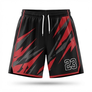 Shorts de sport pour homme, noir et rouge, imprimé géométrique, taille mi-haute, cordon de serrage, séchage rapide, polyester, numéro 23, poche avant - Product Image 1