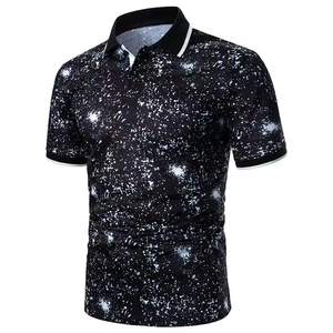 Polo en tricot à manches courtes pour homme, noir, avec motif imprimé blanc, coupe décontractée, respirant, en polyester - Product Image 1