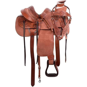 Selle de cheval western artisanale en cuir marron de qualité supérieure, pour ranch, cowboy, équitation sur sentier, équipement équestre, avec étriers durables à motifs floraux sculptés - Product Image 3