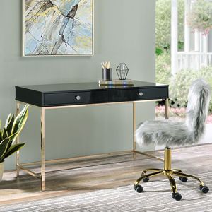 Black High Gloss Rectangular Writing <b>Desk</b> with 2 Drawers and Gold Accents Stylish Computer <b>Desk</b> - Product Image 2