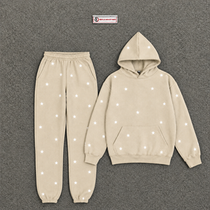 Conjunto Deportivo Personalizado con Estampado de Estrellas Beige, Sudadera con Capucha Extra Grande y Pantalones Jogger para Hombre, Ropa Deportiva Casual al por Mayor - Product Image 5