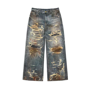 Jeans personnalisés en gros pour hommes, style streetwear hip-hop, à ourlet brut, effet délavé soleil, coupe ample, droite et large - Product Image 5