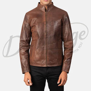 Veste en cuir marron pour homme, en véritable peau de mouton, style vintage vieilli, coupe ajustée, pour automne-hiver, décontractée, style motard - Product Image 3