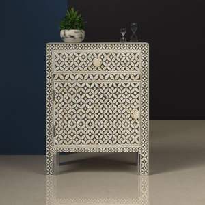 Mueble de Madera de Lujo Hecho a Mano con Incrustaciones de Hueso, Mesita de Noche con Cajón Lateral y Patrón Decorativo Artesanal - Product Image 3