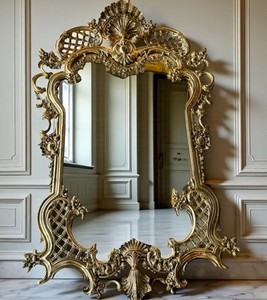 Large Rococo Bronze Wall <b>Mirror</b>, Ornate Gilt Frame, <b>Shell</b> Crest, Pierced Lattice Corners - Product Image 1