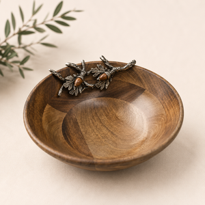 Handcrafted Acacia Wood Salad Bowl With Artistic Metal Branch & <b>Acorn</b> <b>Decor</b> Sustainable Eco-Friendly Fruit Serving Bowl On Sale - Product Image 4