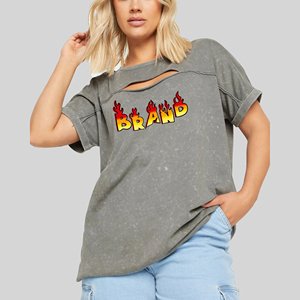 T-shirt personnalisé pour femme en toile polyester/coton délavée à l'acide, haute qualité, avec logo imprimé en relief et appliques, séchage rapide, idéal pour l'été - Product Image 1