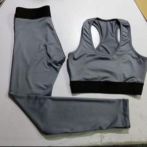 Ensemble de vêtements de sport pour femmes, 2 pièces, gris uni, sans manches, soutien-gorge de sport, leggings longs, tricotés en spandex et polyester, respirants - Product Image 3