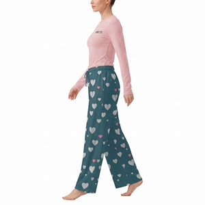 Women's Heart Print Pajama Set Long Sleeve O <b>Neck</b> Top Matching Long Pants Soft Elastic Waist Full Length Sleepwear - Product Image 3