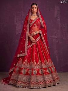 <b>Red</b> Embroidered Indian <b>Wedding</b> <b>Lehenga</b> Set Net Dupatta Bride Ceremony Outfit - Product Image 1