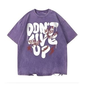T-shirt violet oversize vintage délavé en coton à épaules tombantes avec imprimé graphique, streetwear pour homme, t-shirt décontracté épais - Product Image 1