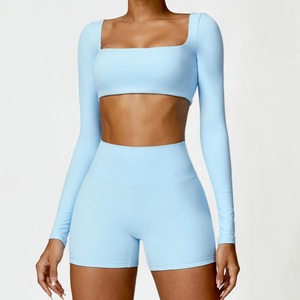 Seamless Women Yoga <b>Set</b> <b>Square</b> Neck Long Sleeve Crop Top High Waist Shorts 2 Piece Solid Color Spandex/Polyester Elastic Waist - Product Image 1
