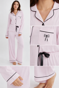 Conjunto de Pijama Casual al por Mayor con Diseño de Satán - Elegante Ropa de Dormir Rosa de Manga Larga con Ribetes en Contraste para Artículos de Descanso de Verano - Product Image 2