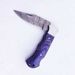 <b>Back</b> Lock Handmade Damascus Steel DIY Multifunctional <b>Drop</b> Point Folding Knife Pakka Wood Handle with Leather Sheath - Product Image 2