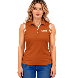 Polo sin mangas de cuello con parche color naranja quemado para mujer, ajuste ceñido, para equitación y entrenamiento, venta al por mayor personalizada - Product Image 1