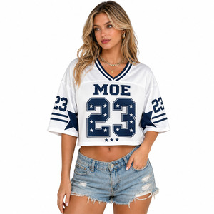 Camiseta de fútbol americano personalizada para mujer, blanca, de malla, con pedrería, estilo vintage, estampado de estrellas, oversize, streetwear, moda OEM - Product Image 1