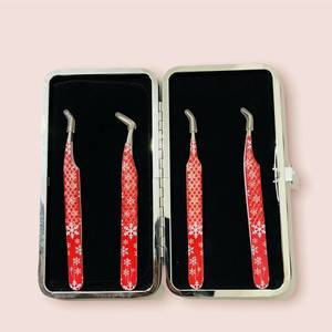 Juego de Pinzas Quirúrgicas de Precisión Morje para Pestañas, Diseño de Copo de Nieve Rojo, Acero Inoxidable, 4 Piezas, Estuche Negro, Puntas Dentadas/Serradas, 10 mm - Product Image 2