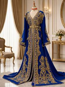 Caftan en soie bleu roi brodé avec des détails en fil doré, robe de mariée traditionnelle longue pour femmes@2026 - Product Image 2