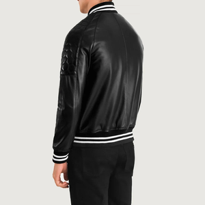 Blouson bomber en cuir PU noir pour homme, col rabattu, fermeture éclair, coupe classique, vêtement d'automne - Product Image 3