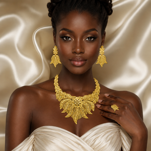 Classic Antique Design Short <b>Charm</b> Necklace Set with Earrings & Rings Box Chain Flower 18K Gold Plated Brass Jewelry for Women - Product Image 3