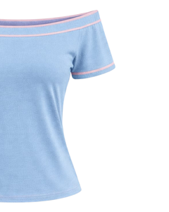 Camiseta Naranja para Mujer, con Hombros Descubiertos, Ribete de Rayas en Contraste, Manga Corta, Corte Ajustado, Informal, Verano, Fabricante OEM Personalizado - Product Image 2