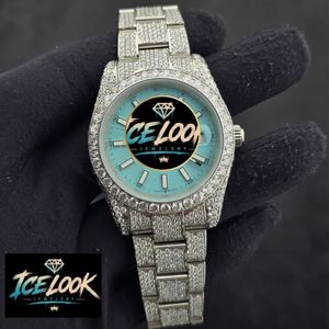 Montre de luxe Ice Look à quartz avec lunette sertie de diamants, cadran bleu, bracelet en acier inoxydable, unisexe, résistante à l'eau, réserve de marche - Product Image 2