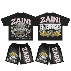 Ensemble short et t-shirt homme en molleton bouclette 100 % polyester 280 GSM, noir, coupe oversize, respirant, col rond, estival, avec motif personnalisé en relief - Product Image 1