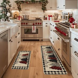 Tapis de cuisine à carreaux Buffalo Plaid pour arbre de Noël, lot de 2, décoration d'hiver à profil bas pour la maison, tapis de sol 17x29 - Product Image 1