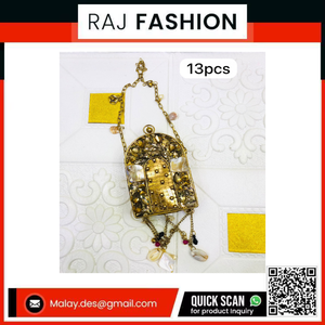 Fashionable <b>Gold</b> Metal Arched Mini <b>Evening</b> Clutch with Rhinestone Crystal Details and Shell Charms - Product Image 2