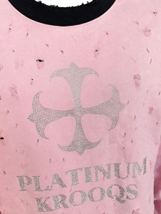 Custom <b>Men</b> Distressed <b>Pink</b> Long Sleeve <b>T</b> <b>Shirt</b> Rhinestone Cross Graphic Leather Sleeve Double Layer Crewneck Oversized Vintage - Product Image 4