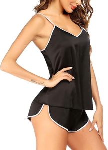 Ensemble de vêtements de nuit en satin pour femmes, haut sans manches à col en V, short noir uni, sexy, vêtements de détente d'été, taille élastique lisse - Product Image 4