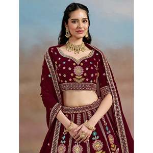 Espectacular Lehenga Choli de Georgette con Lentejuelas Color Granate, Corte en A, con Volantes, para Recepción - Product Image 3