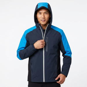 Chaqueta cortavientos con capucha para hombre, diseño color block azul y negro, cierre de cremallera, deportiva, para invierno - Product Image 6
