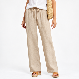 Pantalon ample pour femme en mélange de lin blanc, style cargo, avec cordon de serrage, pour tenue décontractée ou de soirée, faible MOQ - Product Image 5