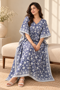 Vestido Maxi Boho Azul con Estampado Floral, 100% Algodón Tejido, Cuello en V, Sin Mangas, Cintura Holgada, Estilo Informal para Todas las Temporadas - Product Image 4