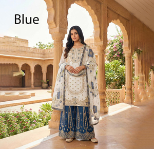 Salwar Kameez Azul con Bordado Floral y Dupatta, Traje Tradicional Indio para Bodas, Corte Regular para Mujer, Midi, Seda Chanderi, Sin Arrugas - Product Image 1