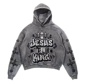 Sudadera con Capucha Estampada 'Jesus Is My King' para Hombre, Corte Holgado, Lavado Ácido, Color Gris, Algodón French Terry, Estilo Hip Hop - Product Image 3