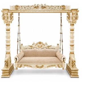Balançoire en bois de teck traditionnel sculptée à la main avec motif paon, finition blanche et dorée, pour deux personnes, HomeJhoola - Product Image 1