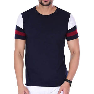 <b>Men's</b> <b>Navy</b> <b>Blue</b> Short Sleeve O-Neck <b>T</b>-<b>Shirt</b> Slim Fit Contrast Trim Knitted Casual Solid Color Top - Product Image 1