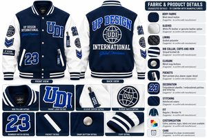 แจ็คเก็ตวาร์ซิตี้สีน้ำเงินกรมท่าแบบสั่งทำพิเศษ แขนเสื้อสีขาว ปักลายตัวอักษรแบบเบสบอล เสื้อแจ็คเก็ตบอมเบอร์สไตล์สตรีทแวร์ระดับพรีเมียมสำหรับวิทยาลัย - Product Image 5